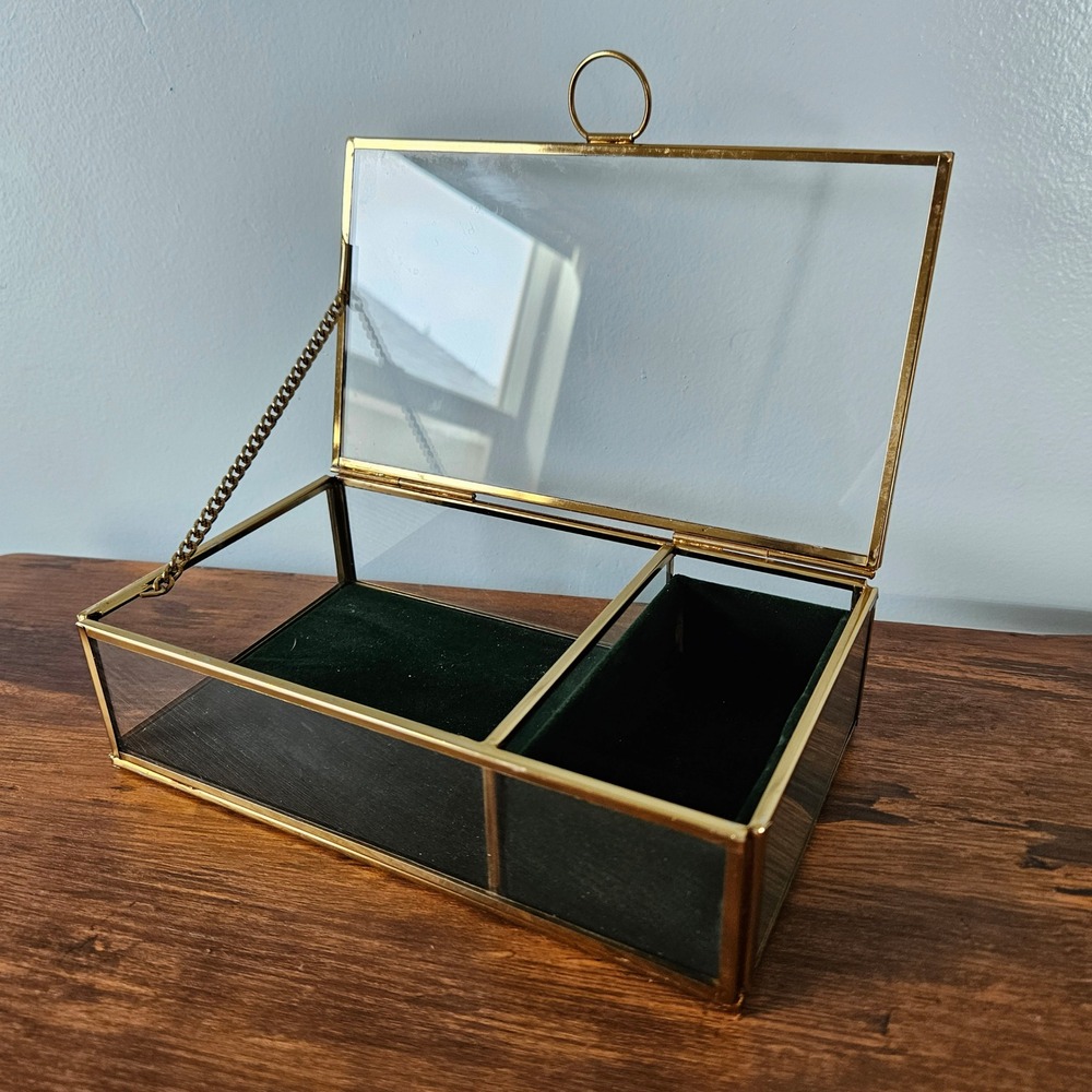 Brass Gold Glass Jewelry Box Green Velvet Lining 2 Compartment Trinket Case - Picture 3 of 6